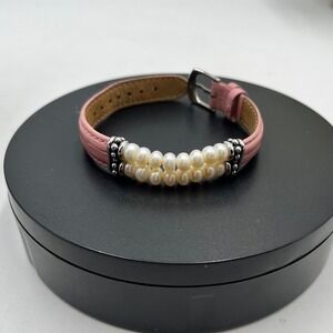 Honora Vintage Genuine Pink Leather Sterling Silver White Pearl Bracelet